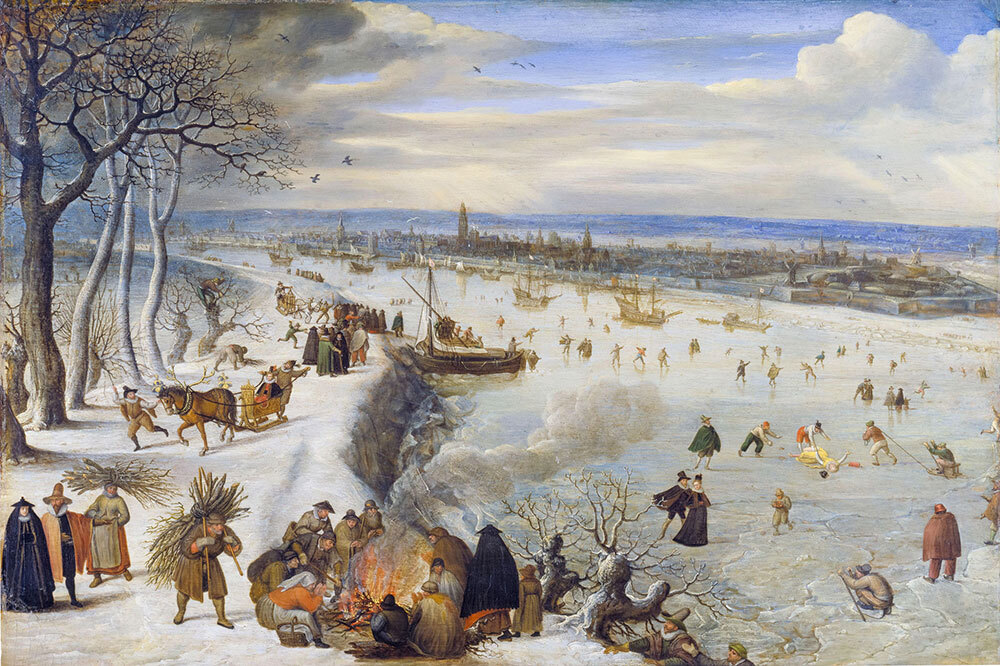An oil painting depicting people on a frozen river