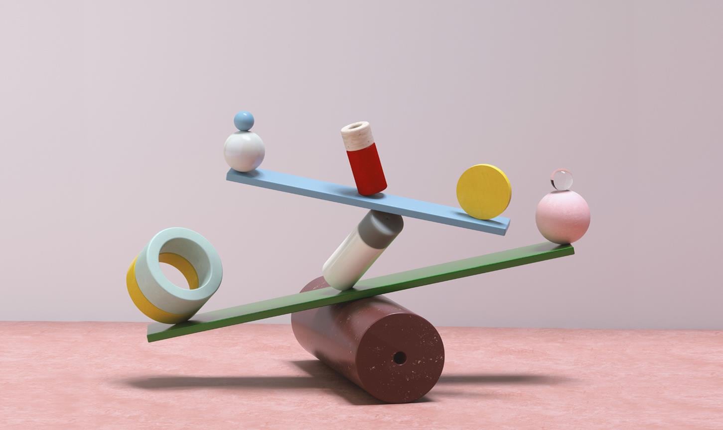 Illustration of different shapes balanced on two boards.