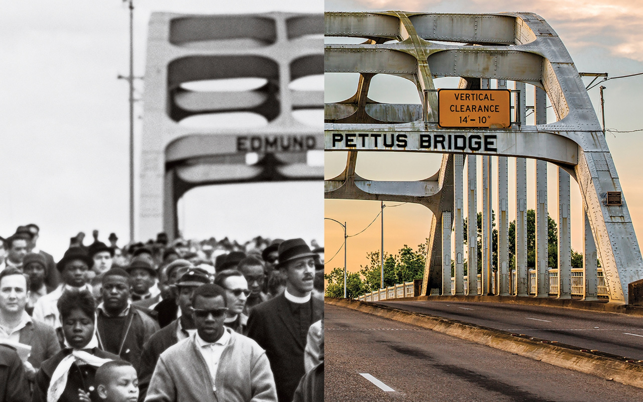 A composite image of the Edmund Pettus Bridge in Selma, Alabama. The left shows marchers starting the second Selma-to-Montgomery march in 1965, while the right shows the bridge in 2014.