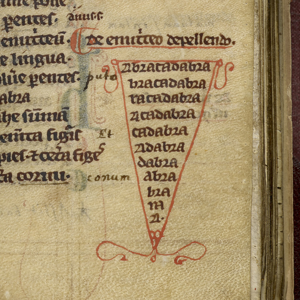 The first recorded mention of the phrase ‘Abracadabra’ as a cure for malaria, from ‘Liber medicinalis’, written by Quintus Serenus Semmonicus' Canterbury (link & color on vellum). Featured in the Harry Potter Exhibition at the British Library.