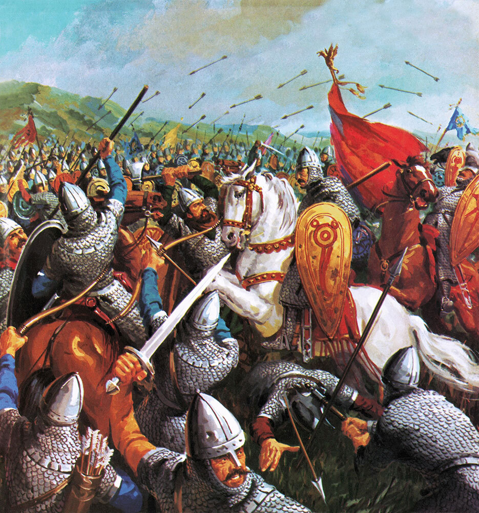 a painting showing a busy collision of people and horses during the Battle of Hastings