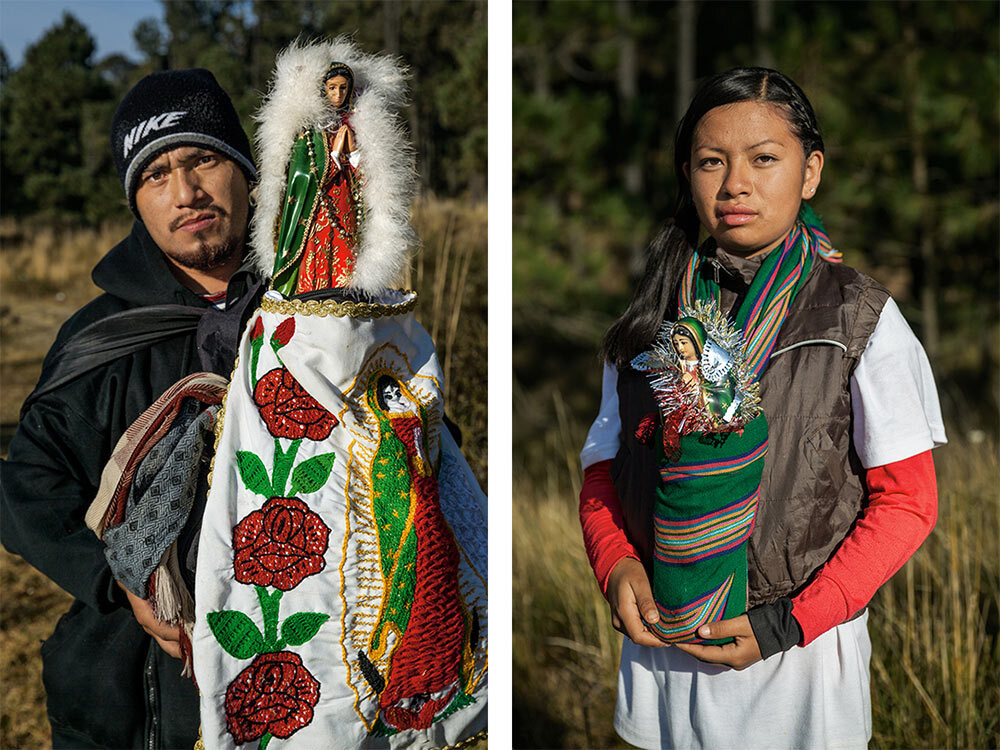 Two pilgrims headed to a shine in Mexico City to Mary.