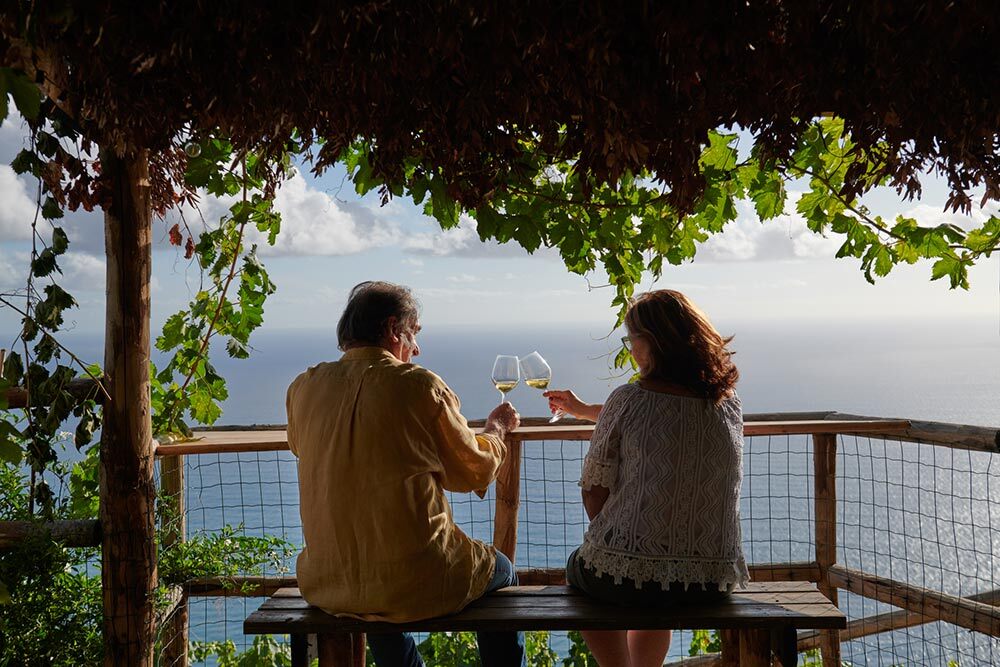 A middle-aged couple seen from behind as they toast with glasses of white wine from a shaded overlook by the sea.