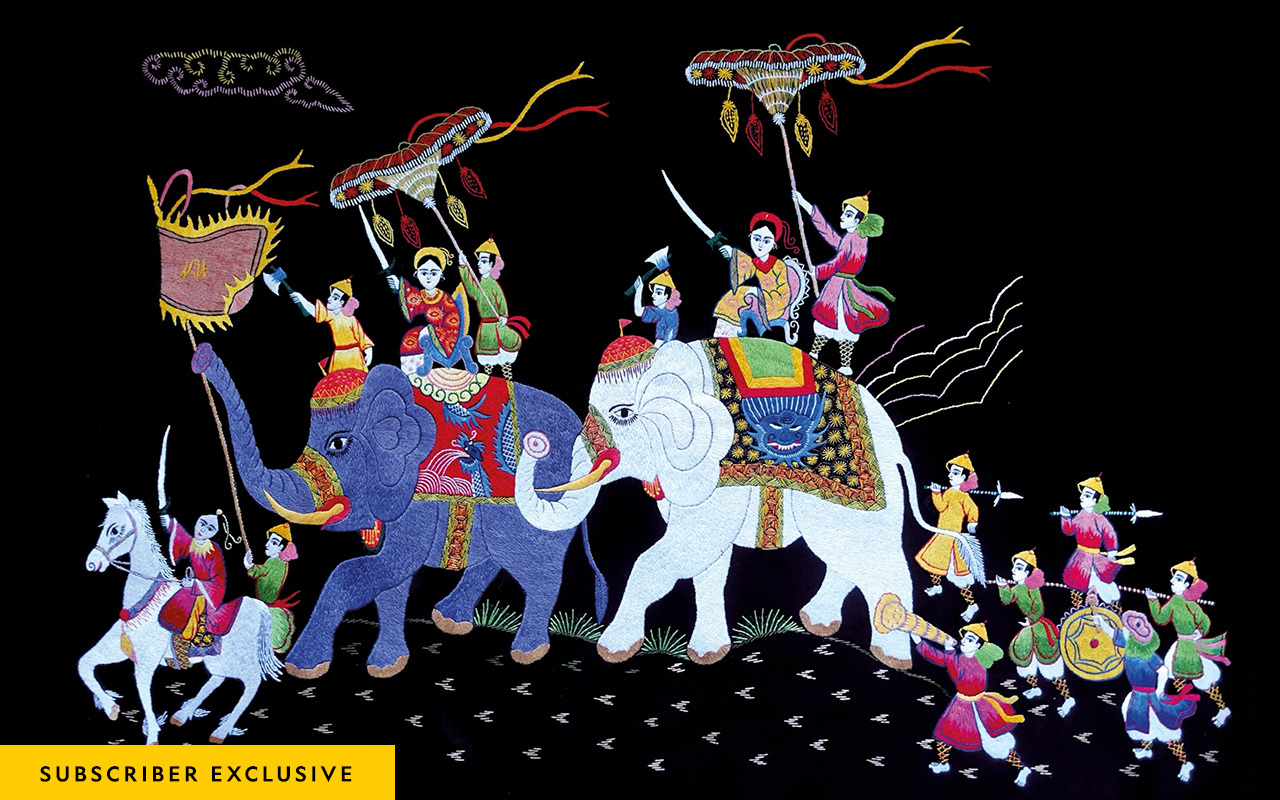 For nearly 2,000 years, the Trung sisters and their elephants have been popular subjects in Vietnamese art, like this 1999 embroidery from Tam Coc, Vietnam.