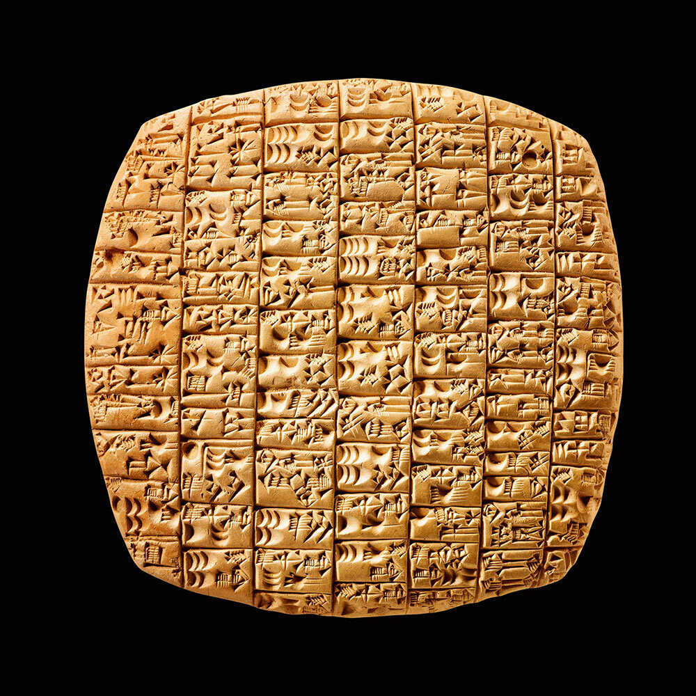 A Sumerian tablet bears a religious text. It was created using cuneiform, the world’s first writing system. Sumerian cuneiform spread across much of the Bronze Age Middle East.