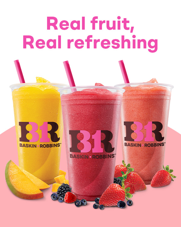 Three real fruit, non-dairy Smoothies "Real fruit, real refreshing".
