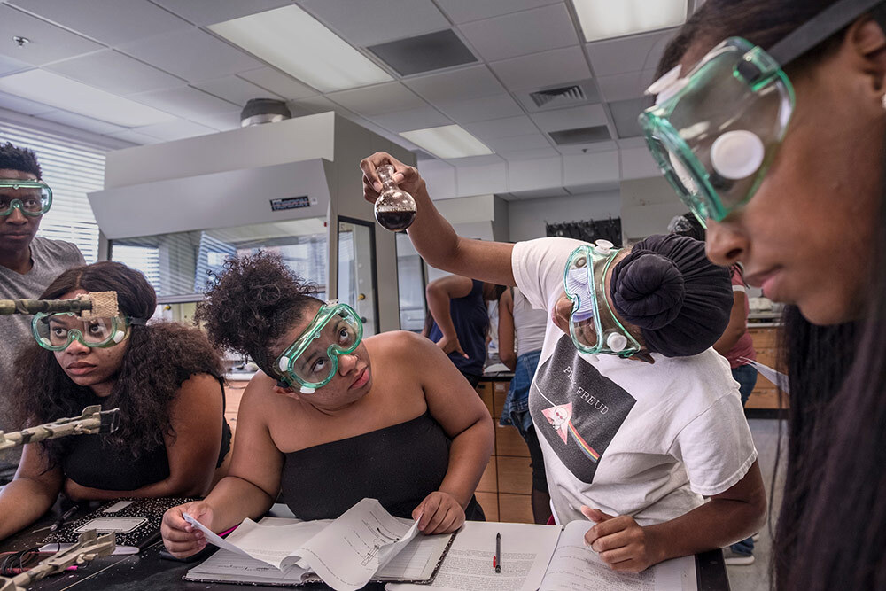 Students at Georgia's Clark Atlanta University observe a round-bottom flask during a chemistry lesson. This previously unpublished photograph was taken for a 2018 story about enrollment at historically Black institutions, which has surged the past two years.