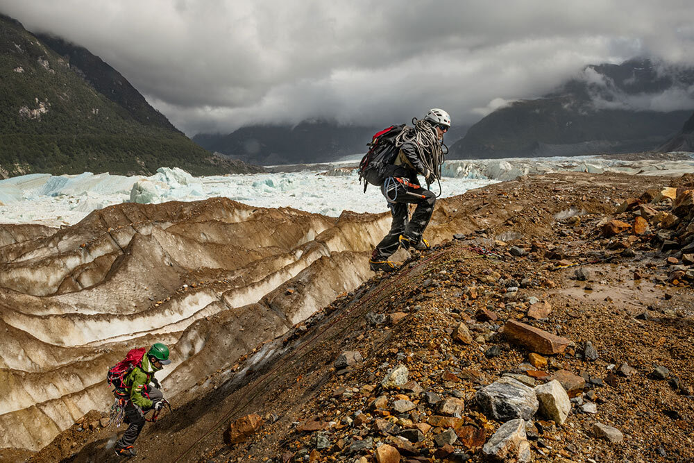 Andrea Carretta, an Italian high-mountain ranger and military mountaineering instructor, leads a group of visitors to Exploradores Glacier in Laguna San Rafael National Park.