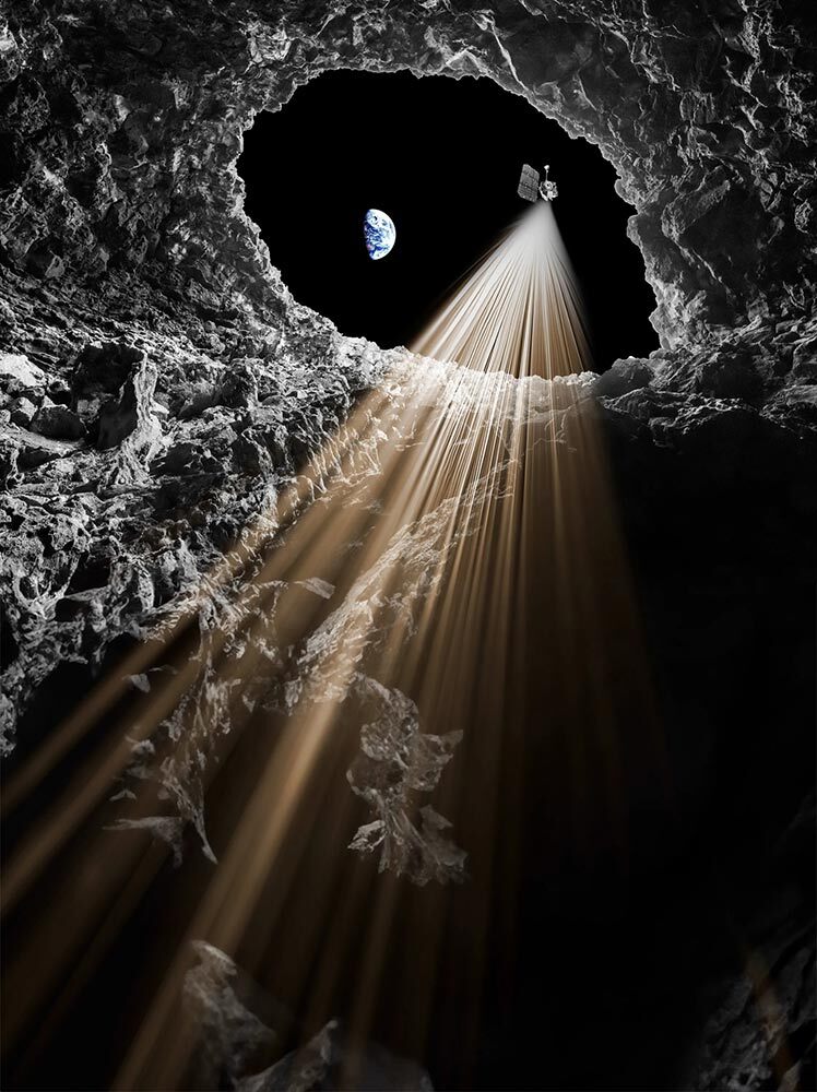 Illustration depicting the Lunar Reconnaissance Orbiter (LRO) and Earth in space, seen through the skylight of a lunar lava tube.