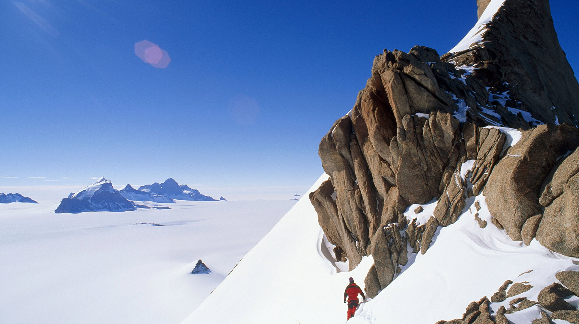 A climber treks on Trollslottet Mountain in Antarctica's Queen Maud Land.