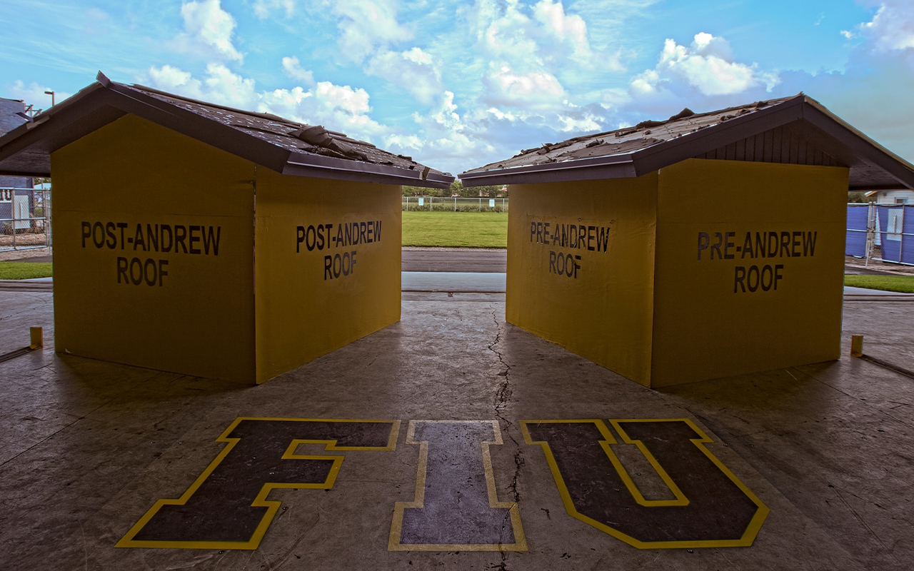 Two model homes inside Florida International University's "Wall of Wind" facility—one with an upgraded roof and one without—will face hurricane force winds.