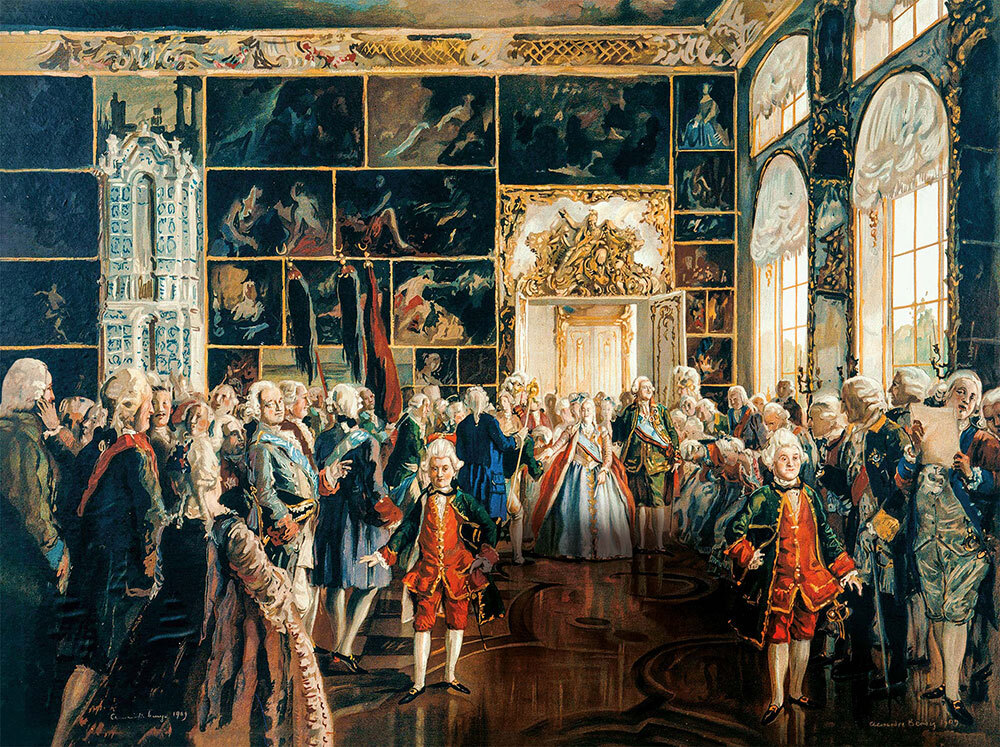 Catherine II of Russia makes a grand entrance before her courtiers in a colorful lithograph from 1909