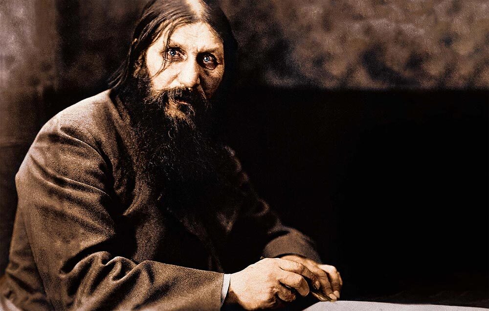 Photographed in the year of his death, Grigory Rasputin was famous for the intensity behind his piercing blue eyes, revealed in this colorized image.