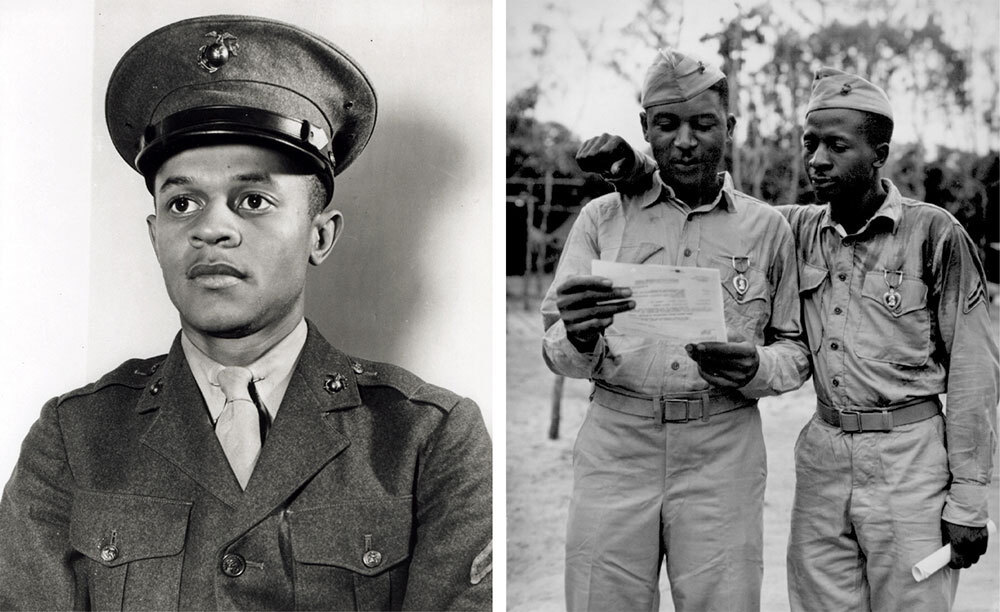 Two pictures of Black men in marine uniform; one poses for the camera, while two read a document while wearing Purple Heart medals.