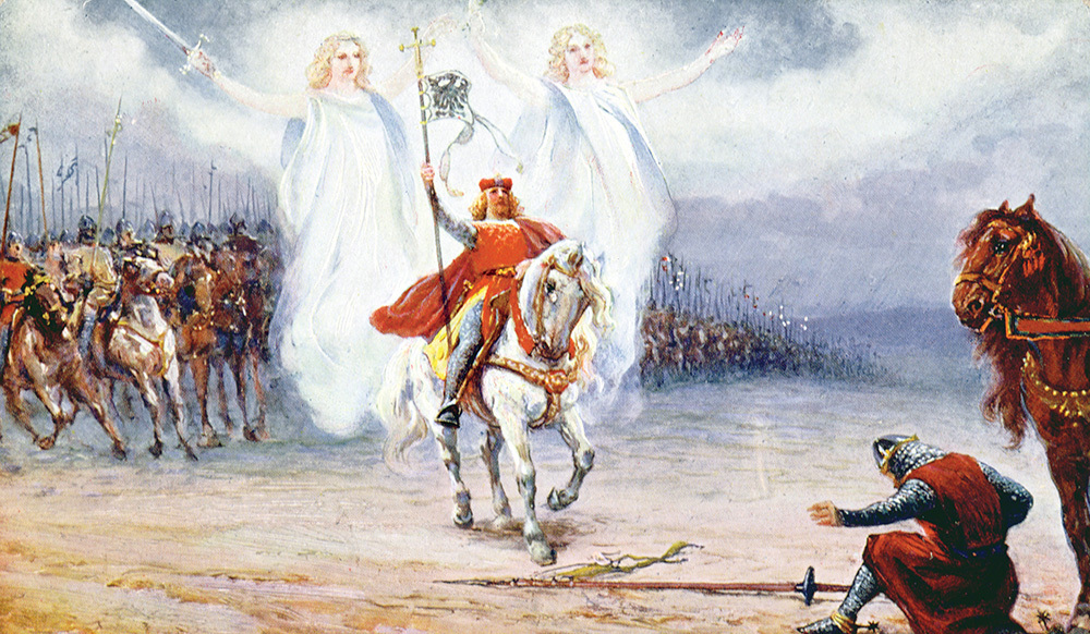 A painting of a man on a horse surrounded by angels