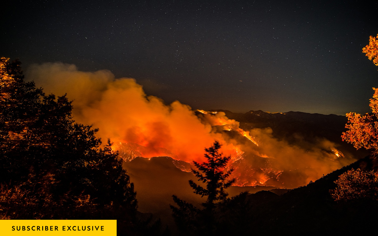 The Angeles National Forest, in Southern California, is engulfed in smoke and flames during last year’s record-breaking wildfire season.