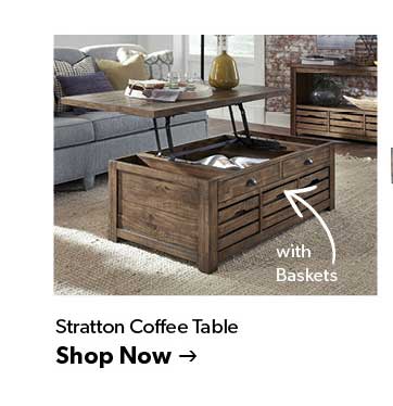 Featured Stratton Coffee Table with Baskets. Click to shop now.