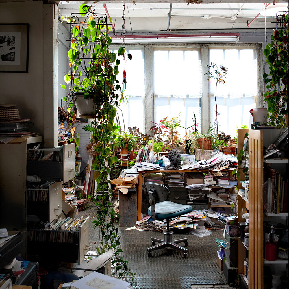 A messy office with stacks of paperwork, plants, and file drawers