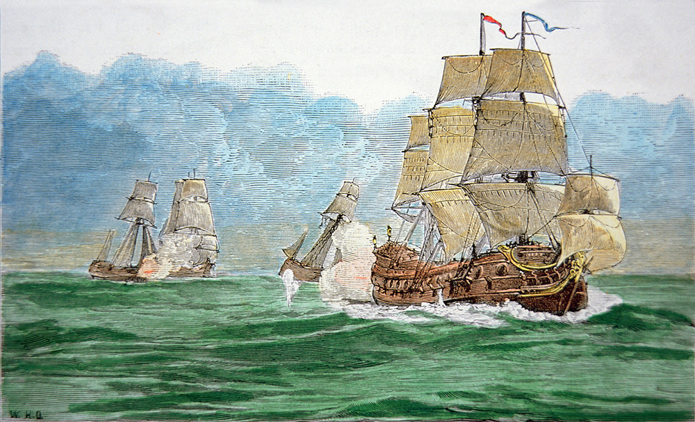 Illustration of ships on green water