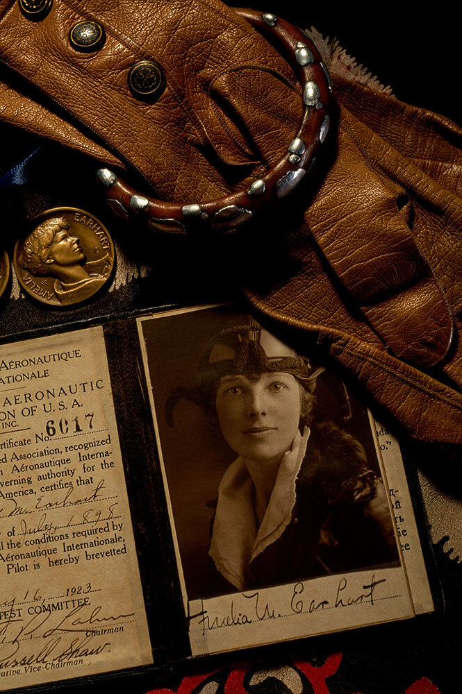 Some of Amelia Earhart's belongings, including a photograph of her
