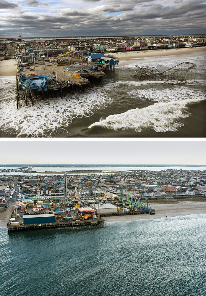 A before and after image of a destroyed and repaired amusement park on a pier.