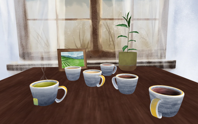 An illustration shows six different types of tea sit on a table with a framed photo and a house plant. 