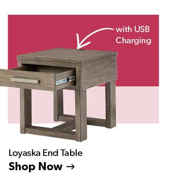 Featured Loyaska End Table with USB Charging. Click to shop now.