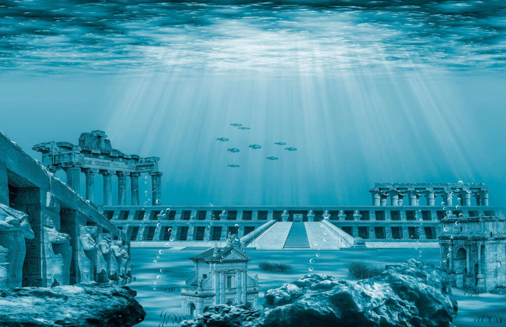 A drawing of an ancient city underwater