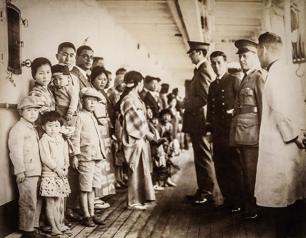 Japanese passengers on a ship on their way to Angel Island