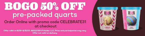 Two Pre-Packed Quarts of ice cream "BOGO 50% Off Pre-Packed Quarts" 