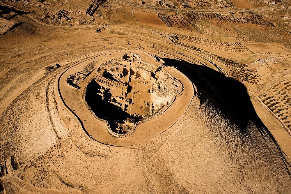 An aerial view of the hilltop palace-fortress of Herodium.