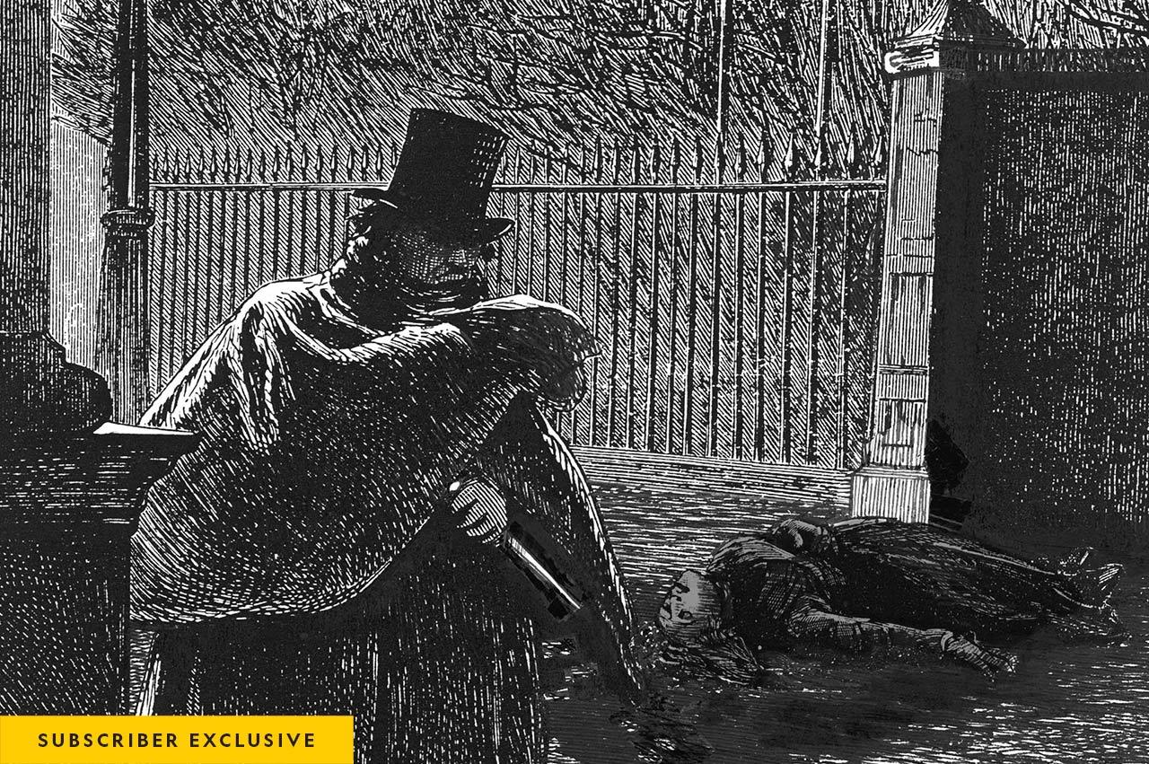 The identity of Jack the Ripper has inspired 140 years of speculation and numerous portraits of the shadowy killer, including this modern engraving from the Donald Rumbelow Collection.