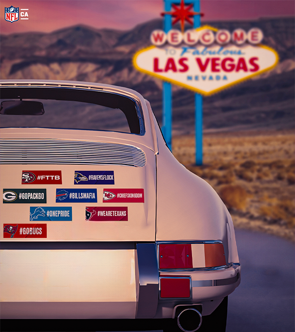 A car drives towards Las Vegas with every team still in the NFL playoffs on the back of the car.