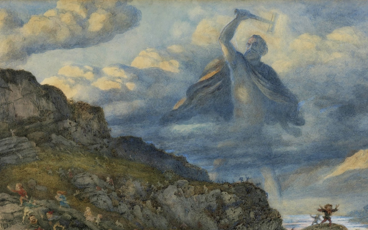 Painting - ’Thor Chasing the Dwarfs’, 1878. Depictions of the Scandinavian god have varied over the centuries – but certain themes have remained consistent.