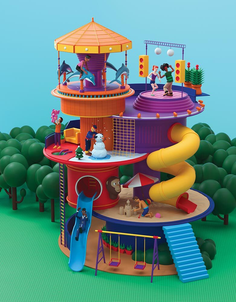 3D illustration of adults playing on a four tier colorful playground.