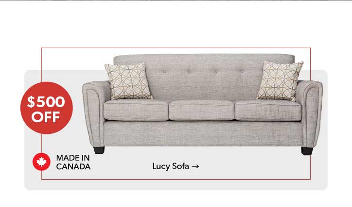 500 dollars OFF. Featured Lucy Sofa. Click to Shop Now.