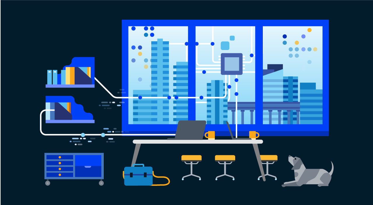 Image description. An illustration of a workplace setting, which could be either a traditional office or a home office. Computers and coffee mugs sit atop a long table in the center of the image. A large set of windows along the wall reveals a digital cityscape. In the foreground, a small dog sits contentedly, wagging its tail. End of image description.