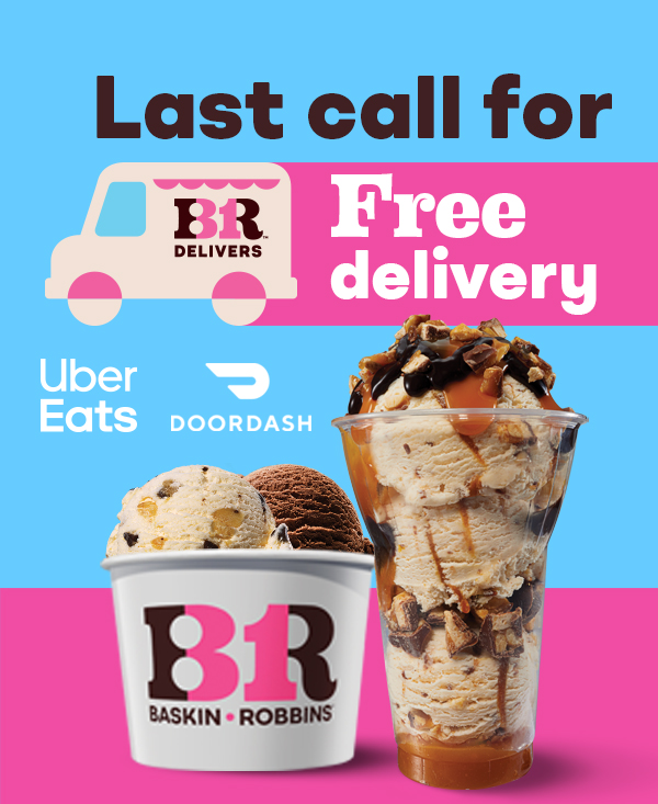 Ice cream truck "Last call for Free Delivery" with scoops of ice cream