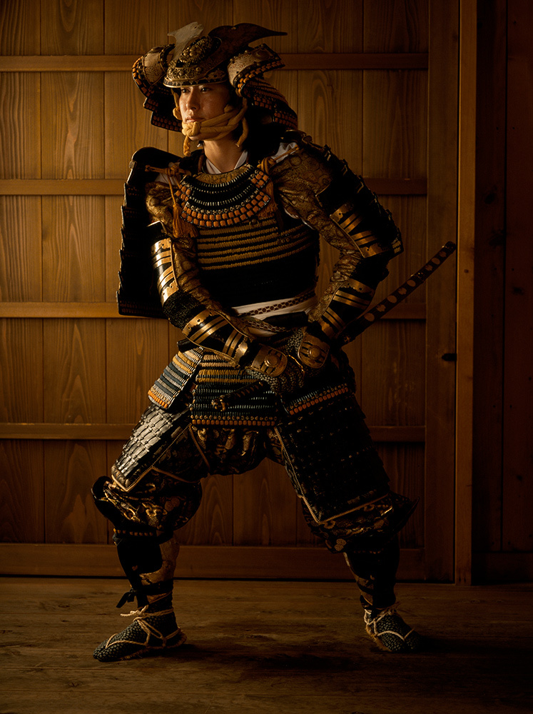 Japanese man in authentic samurai suit of armor from the Edo Period