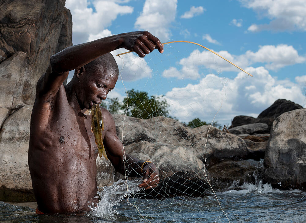 In Niassa Special Reserve, Jabru Suedi flushes fish out from rocky hiding places in the Lugenda River into his handheld net. He can grip up to three fish between his teeth to guard the catch against opportunistic birds of prey, such as yellow-billed kites.