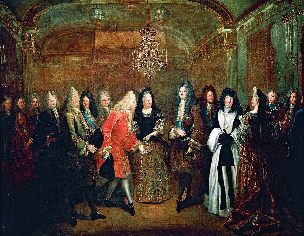 Painting showing Prince Elector of Saxony meeting Louis XIV in a silver wig among his court