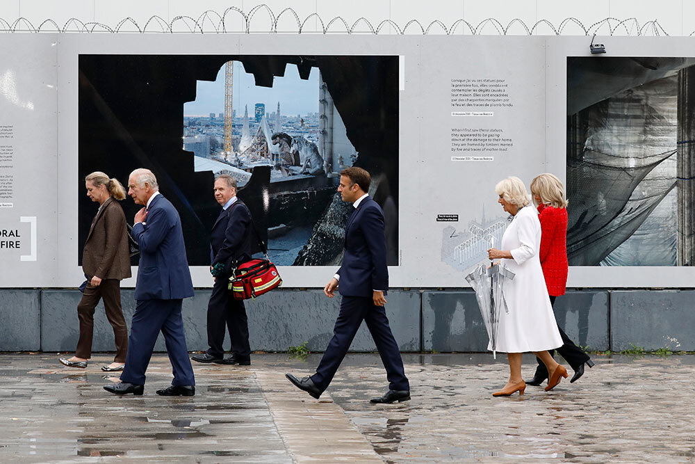 Brigitte Macron, Queen Camilla, King Charles III, President Emmanuel Macron and Rector of Notre Dame Olivier Ribadeau Dumas visit Notre Dame Cathedral on September 21, 2023 in Paris, France.