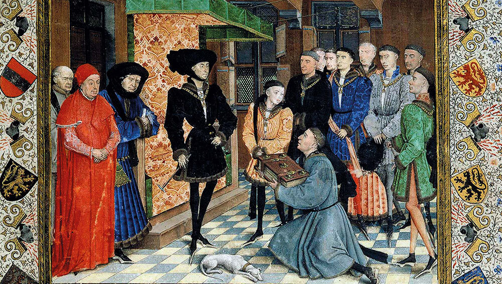 Philip the Good, a Burgundian duke famous for his fashion sense, and his court are depicted in a miniature from the mid-15th-century manuscript Chronicles of Hainaut, illustrated by Rogier van der Weyden.