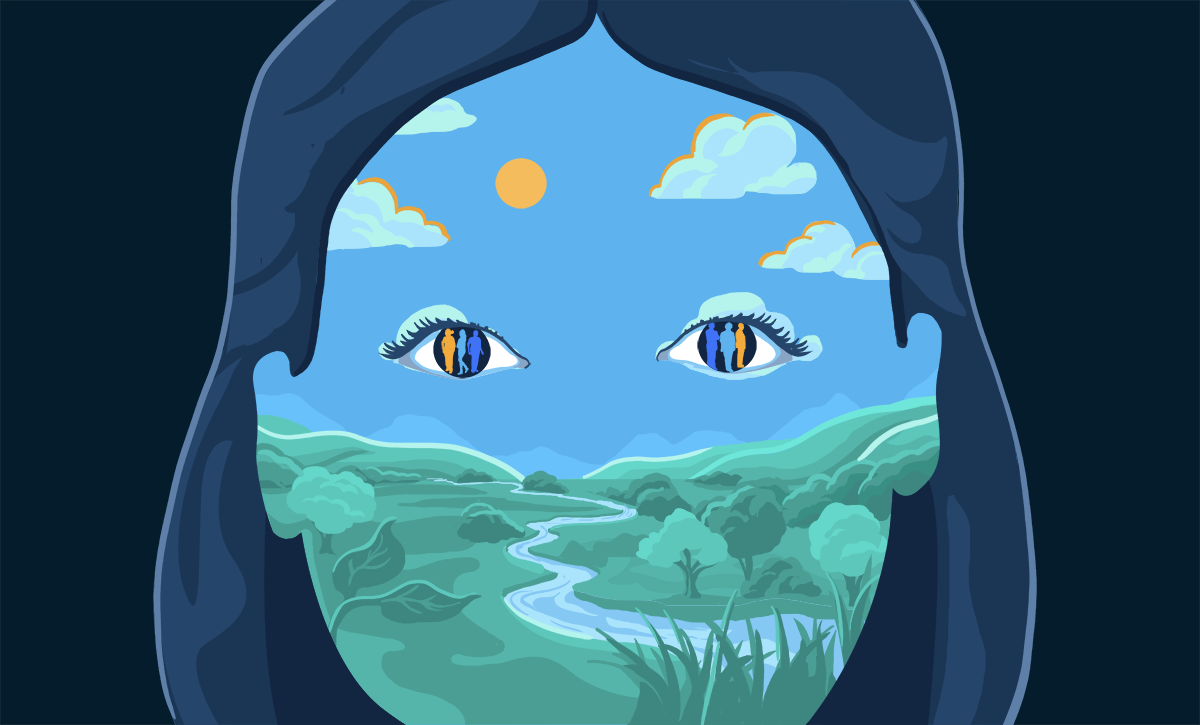 Image description: An illustration of a woman’s face. The bottom half of her face contains a river running through a lush, green landscape. The background for the top half of her face comprises clouds in a blue sky. Her pupils reflect colorful silhouettes of people, representing employees. End of image description.