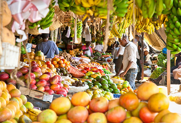 Fresh fruits and vegetables fill a market in Nairobi, Kenya.