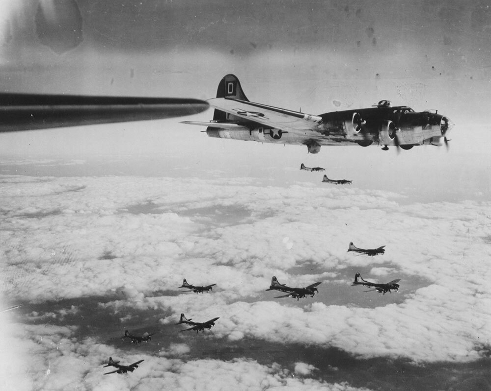 Nicknamed the Bloody Hundredth for the heavy casualties they suffered during WWII, the U.S. Air Force's 100th Bomb Group flies in formation in their B-17 airplanes toward Nazi Germany on February 28, 1945. Their stories are the subject of the miniseries Masters of the Air.