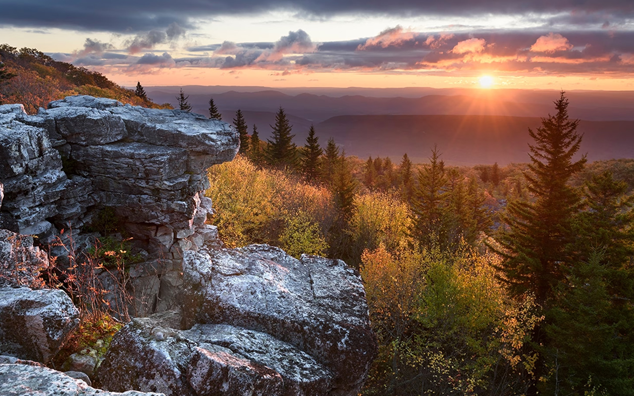 Photograph of a sunrise from Bear Rocks in West Virginia in October.