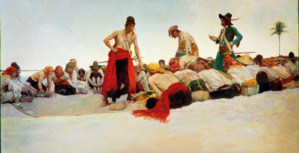 A band of pirates divides up their loot after returning to a safe harbor, as imagined in vivid color by 19th-century artist and author Howard Pyle.