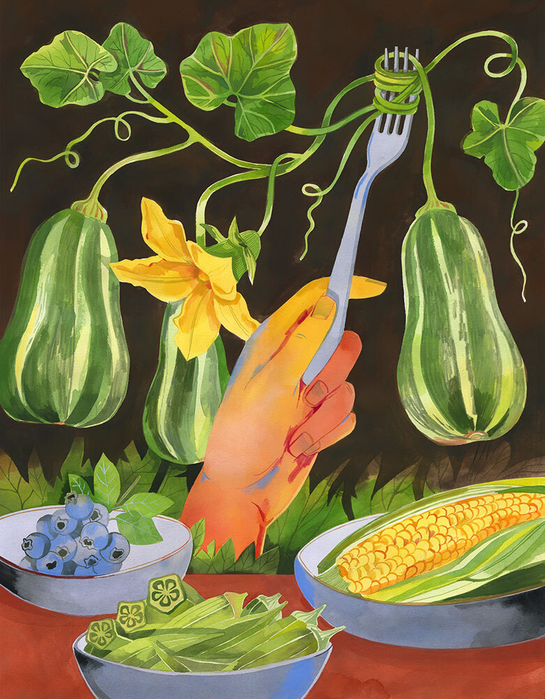 An illustration of a hand with a fork near bowls of blueberries, cucumber, corn, and squash.