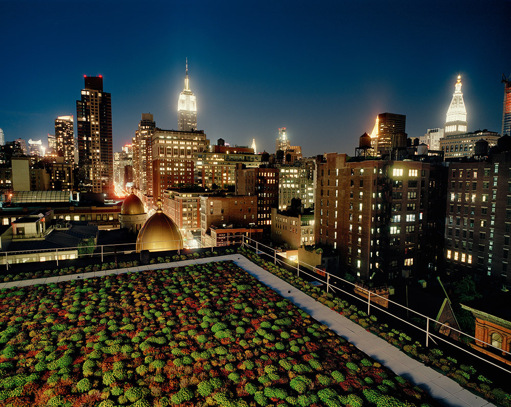 A green roof with layer of waterproof material that controls drainage in New York City, New York